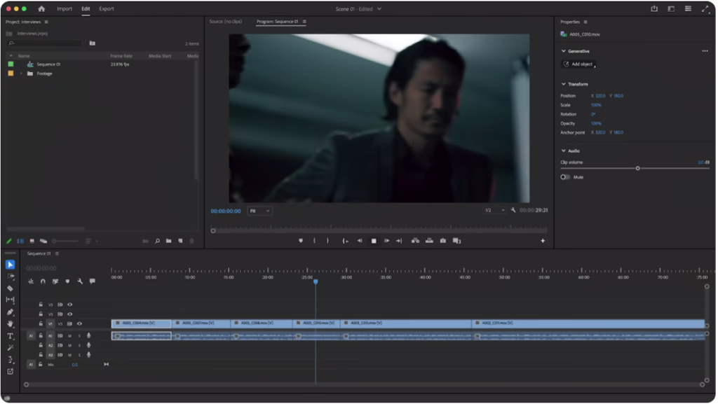 A professional video editing software interface showing a sequence timeline with multiple video and audio tracks, a preview monitor, and project assets.