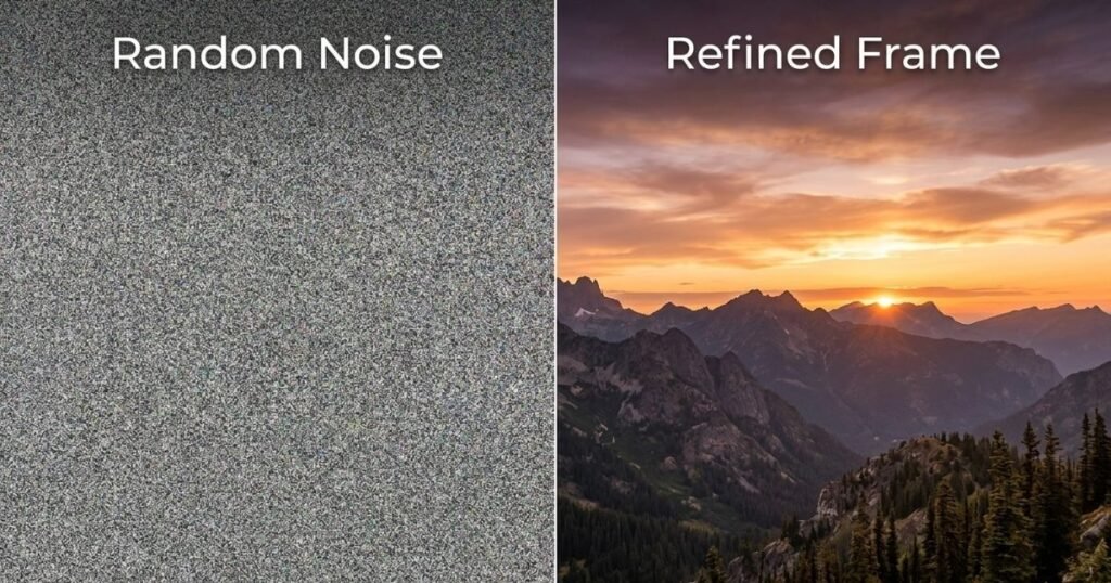Split-screen comparison: left shows grainy multicolored digital noise labeled “Random Noise,” right shows a clear cinematic sunset over mountains and trees labeled “Refined Frame.”