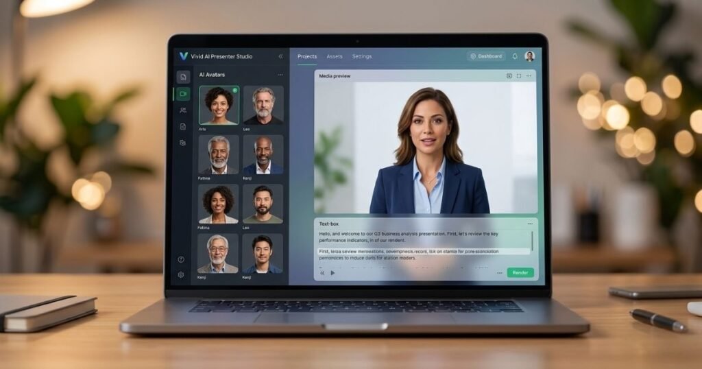 Dark-mode AI presenter software on a sleek laptop showing avatar options, a female presenter preview, script box, and “Render” button, set on a wooden desk with warm, softly lit background.