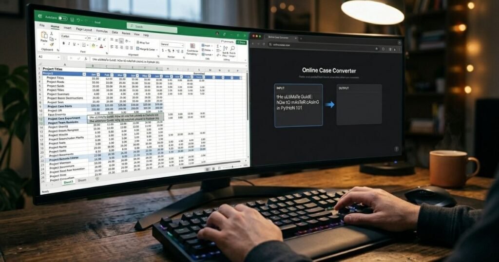 Person typing on a keyboard with dual monitors displaying a spreadsheet and an online case converter tool on a desk.

