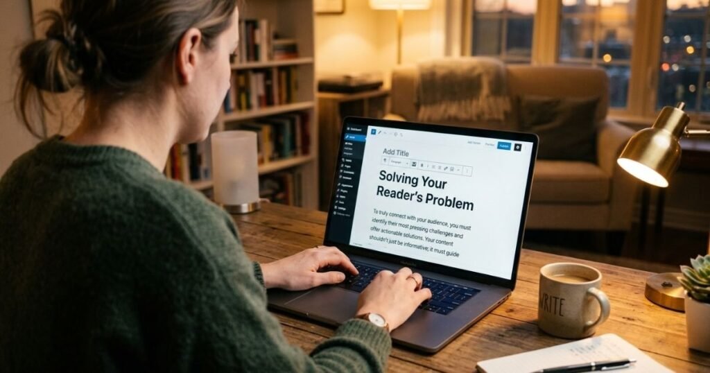 A blogger writing helpful and informative content on a WordPress dashboard.