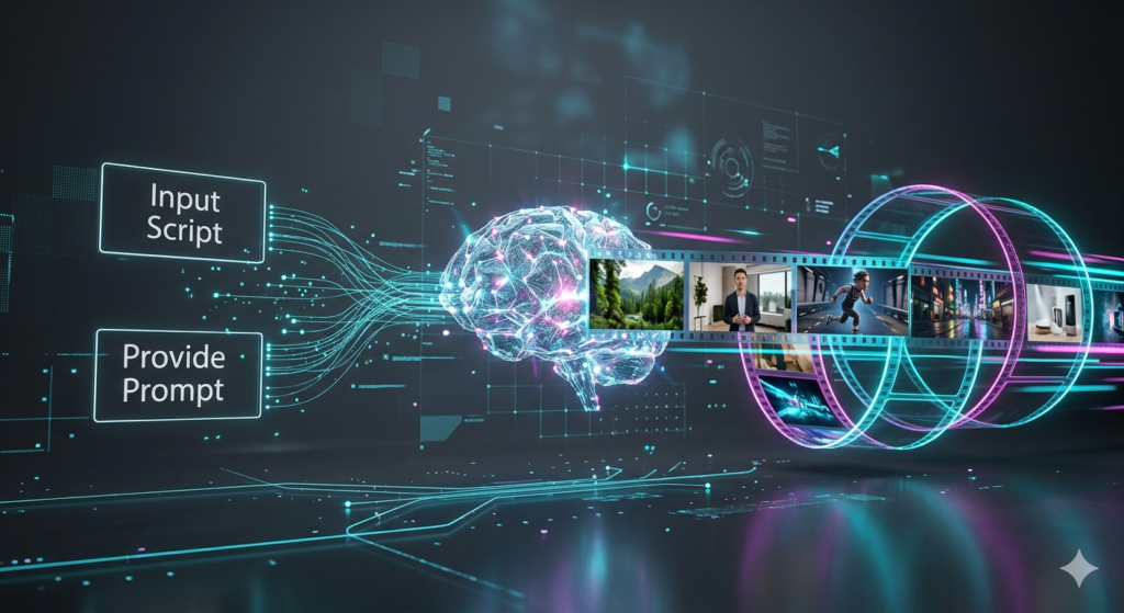 A 3D futuristic illustration showing an AI video generator process where a text script and prompt enter a glowing neural network core and transform into a high-quality digital video reel.
