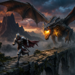 A sweeping, dramatic 8k photorealistic master shot of a battle-scarred knight in plate armor desperately running across a crumbling stone bridge while a colossal, fire-breathing dragon lunges from the fog behind him at sunset.