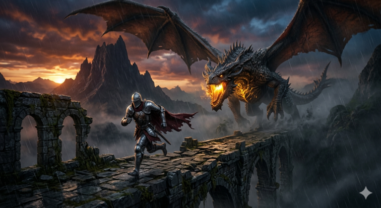A sweeping, dramatic 8k photorealistic master shot of a battle-scarred knight in plate armor desperately running across a crumbling stone bridge while a colossal, fire-breathing dragon lunges from the fog behind him at sunset.