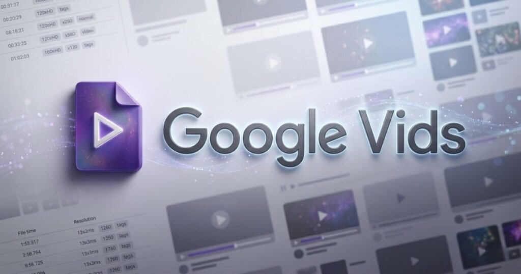 Modern 3D Google Vids AI logo featuring a purple document icon with a play button, set against a high-tech professional interface background for digital creators.