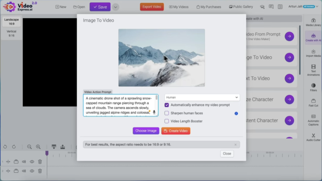 Screenshot of an AI image-to-video generator showing a snowy mountain landscape above clouds, with a video action prompt describing a cinematic aerial shot and options like choose image and create video.