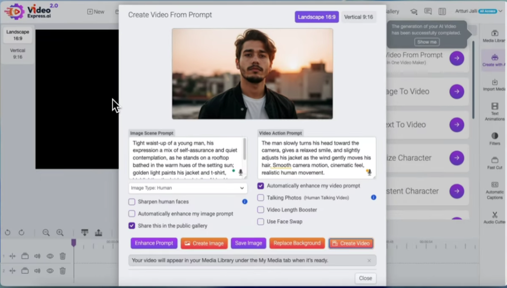 Screenshot of an AI image-to-video generator showing a snowy mountain landscape above clouds, with a video action prompt describing a cinematic aerial shot and options like choose image and create video.