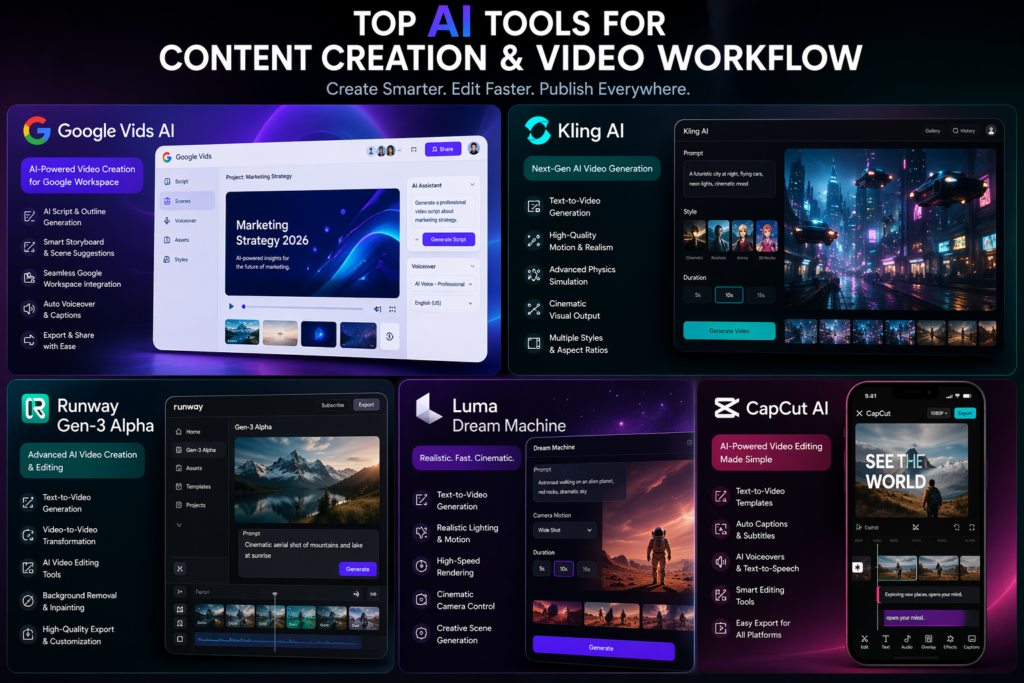 AI tools for content creation and video workflow including Google Vids AI, Kling AI, Runway Gen-3, Luma Dream Machine, and CapCut AI