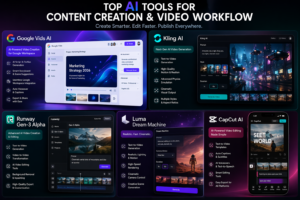 AI tools for content creation and video workflow including Google Vids AI, Kling AI, Runway Gen-3, Luma Dream Machine, and CapCut AI