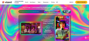 Vizard AI 2026 dashboard featuring YouTube link input, 98% accurate auto-captions, and Reframe 2.0 speaker detection on a vibrant iridescent background.