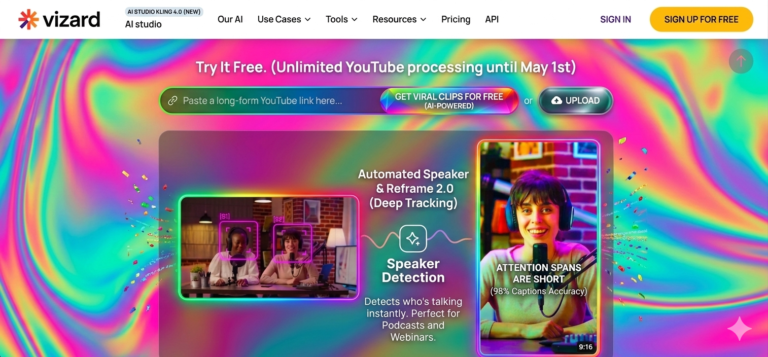 Vizard AI 2026 dashboard featuring YouTube link input, 98% accurate auto-captions, and Reframe 2.0 speaker detection on a vibrant iridescent background.