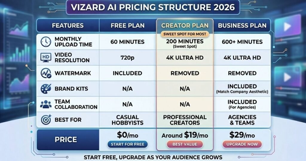 An infographic table comparing Vizard AI’s Free Plan ($0/mo, 720p), Creator Plan ($19/mo, 4K, Best Value), and Business Plan ($29/mo, 4K, with Brand Kits). The table details features like Monthly Upload Time (60 vs 200 vs 600 minutes), Watermark status, and Team Collaboration for each tier. The 'CREATOR PLAN' column is highlighted as the 'SWEET SPOT FOR MOST'. Set against a futuristic digital background.