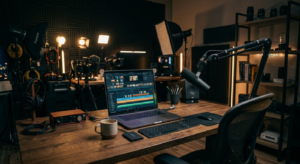 Dark modern home studio with laptop editing video, microphone on arm, headphones, audio interface, and professional lighting on background grid.