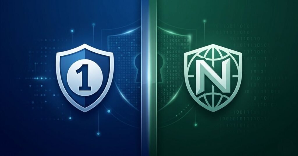A side-by-side graphical comparison between 1Password and NordPass, featuring their brand logos on a dark digital security backdrop divided by a blue and green glass column.