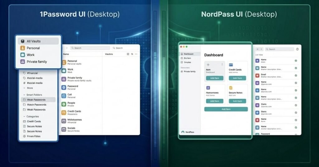Split screenshot comparing 1Password's detailed sidebar menu on the left with NordPass's minimalist dashboard layout on the right.