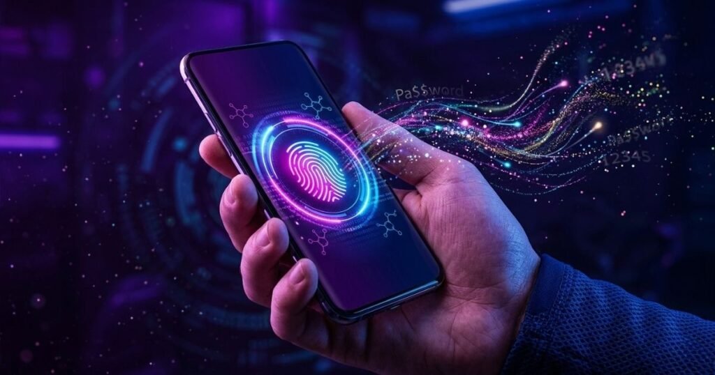 Hand holding smartphone with a glowing magenta biometric fingerprint scanner as text passwords dissolve into light streams.
