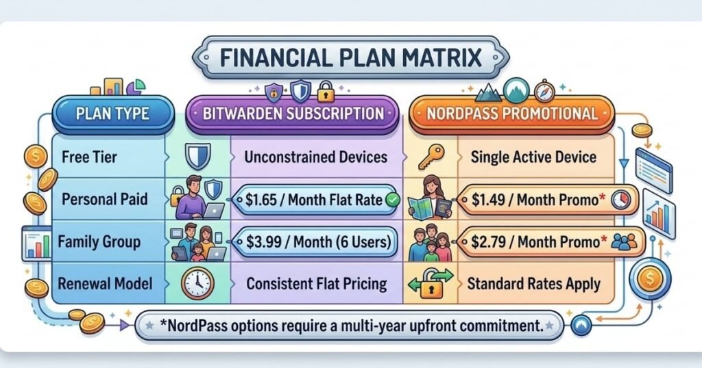 Comparison table of Bitwarden flat rate subscriptions versus NordPass multi year upfront promo pricing plans.