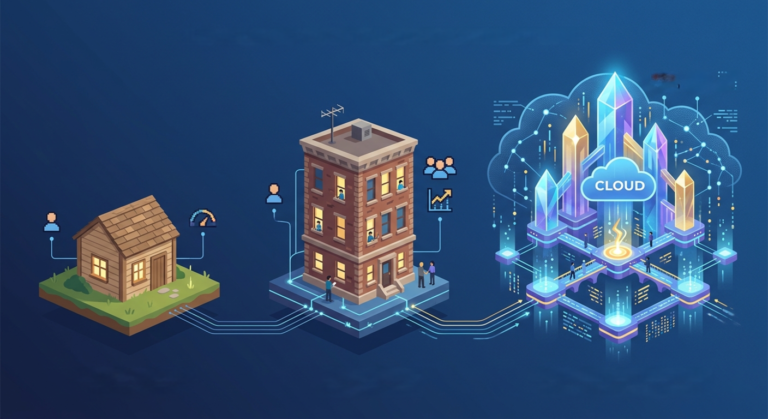 Futuristic 3D cloud server with glowing blue and purple neon circuits representing high-performance web hosting.