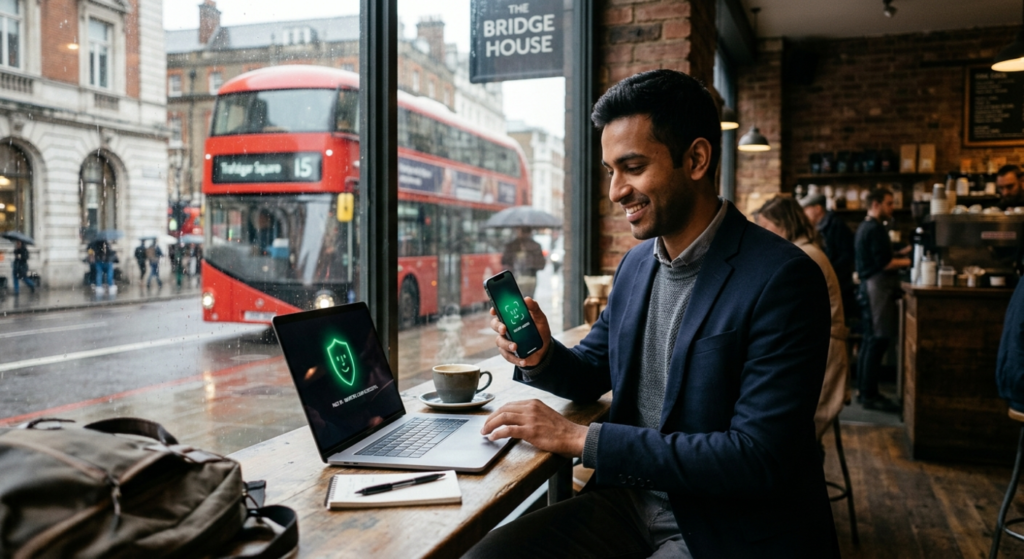Professional using laptop and phone with biometric security in a London cafe.