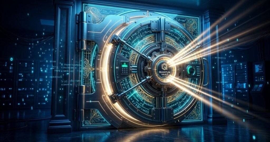 3D digital bank vault door with cyan and gold geometric code patterns emitting bright white light beams in a dark server room.
