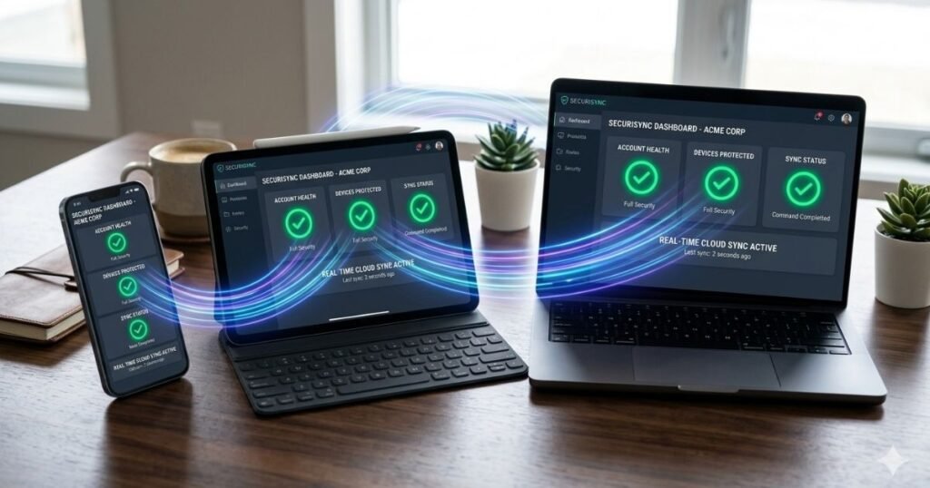 Smartphone, tablet, and laptop syncing data with neon blue and purple light lines connecting green security dashboards.