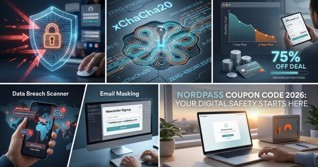NordPass 2026 security features and 75 percent off discount promotion infographic panels