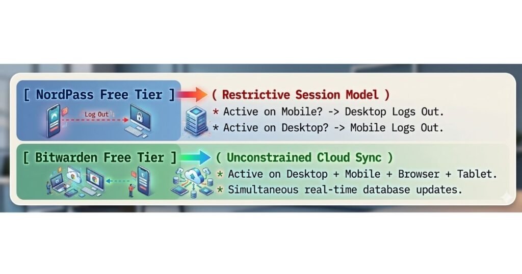 Infographic comparing NordPass restrictive session model with Bitwarden unconstrained multi device cloud sync.