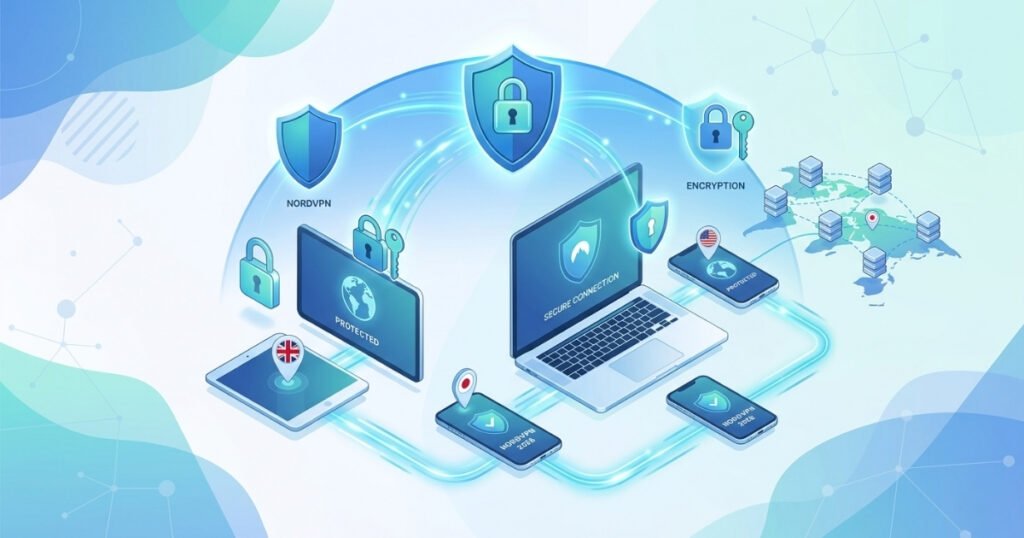Isometric tech illustration of a laptop, tablet, and phones secured by blue shields, locks, and a global network.