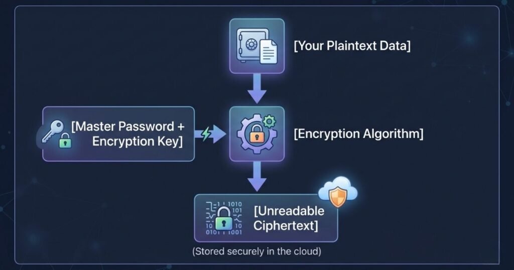 Flow chart showing how a password manager uses a master key to encrypt plaintext data into ciphertext locally