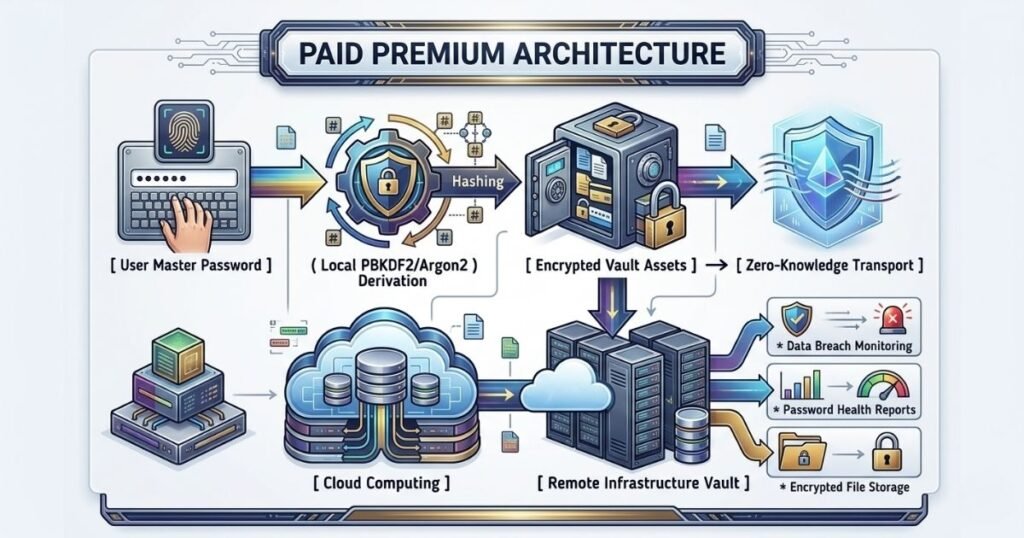 Diagram of premium architecture showing master password hashing, zero knowledge transport, and secure cloud storage.