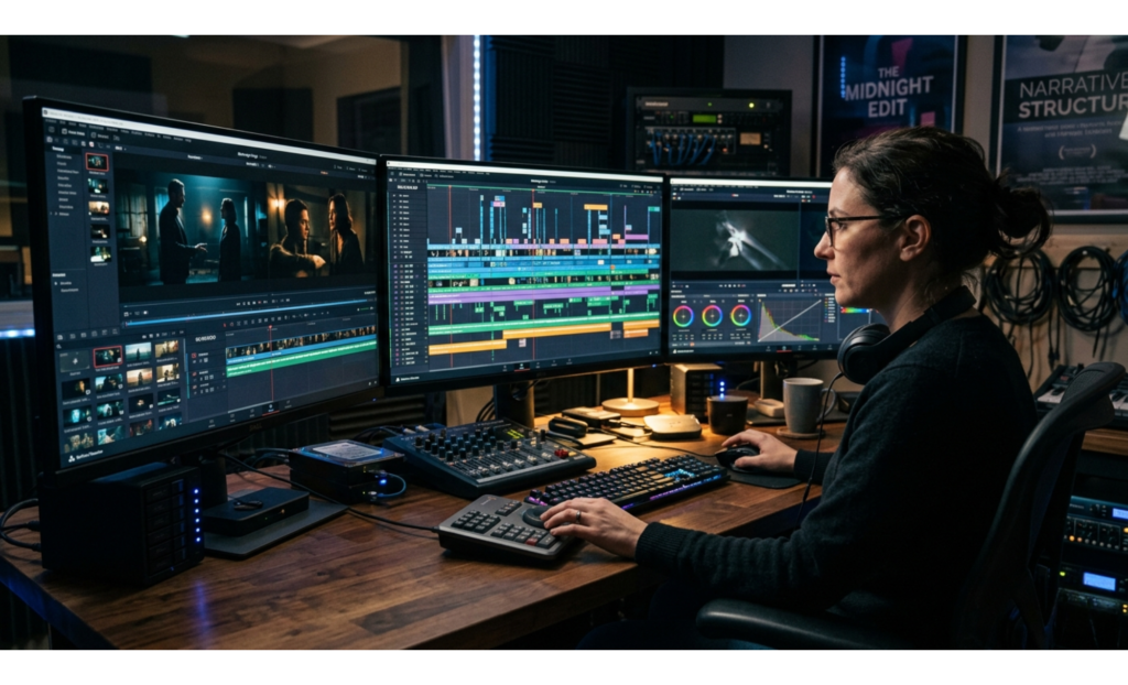 Cinematic shot of an editor's multi-monitor workstation with a color-coded video timeline for narrative structure.