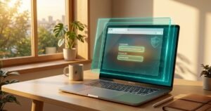 Laptop autofilling credentials with a teal glowing glass barrier isolating the browser window on a desk at golden hour.