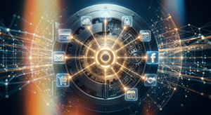 Glowing vault with connections to various social media, cloud, and finance icons