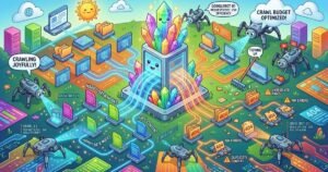 Colorful 3D cartoon of robotic spiders crawling a website architecture map around a cute central server rack.