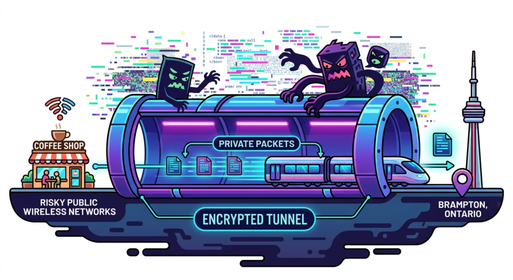 A colorful, stylized cross-section diagram illustrating how a VPN protects data. On the left, a coffee shop icon labeled "RISKY PUBLIC WIRELESS NETWORKS" shows data entering a large, glowing purple and blue cylinder labeled "ENCRYPTED TUNNEL." Inside the tunnel, a sleek train and data document icons move securely, labeled "PRIVATE PACKETS." On top of the tunnel, dark, blocky monster-like figures representing hackers and trackers attempt to break in amidst colorful digital static and code snippets; their efforts are marked with arrows labeled "HACKER ATTEMPTS BLOCK" and "DEFLECTED." On the right, the train emerges safely from the tunnel, arriving at a location icon marked with a CN Tower-style structure and labeled "BRAMPTON, ONTARIO."
