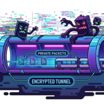 A colorful, stylized cross-section diagram illustrating how a VPN protects data. On the left, a coffee shop icon labeled "RISKY PUBLIC WIRELESS NETWORKS" shows data entering a large, glowing purple and blue cylinder labeled "ENCRYPTED TUNNEL." Inside the tunnel, a sleek train and data document icons move securely, labeled "PRIVATE PACKETS." On top of the tunnel, dark, blocky monster-like figures representing hackers and trackers attempt to break in amidst colorful digital static and code snippets; their efforts are marked with arrows labeled "HACKER ATTEMPTS BLOCK" and "DEFLECTED." On the right, the train emerges safely from the tunnel, arriving at a location icon marked with a CN Tower-style structure and labeled "BRAMPTON, ONTARIO."