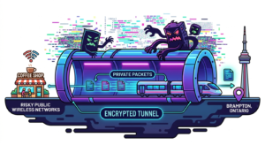 A colorful, stylized cross-section diagram illustrating how a VPN protects data. On the left, a coffee shop icon labeled "RISKY PUBLIC WIRELESS NETWORKS" shows data entering a large, glowing purple and blue cylinder labeled "ENCRYPTED TUNNEL." Inside the tunnel, a sleek train and data document icons move securely, labeled "PRIVATE PACKETS." On top of the tunnel, dark, blocky monster-like figures representing hackers and trackers attempt to break in amidst colorful digital static and code snippets; their efforts are marked with arrows labeled "HACKER ATTEMPTS BLOCK" and "DEFLECTED." On the right, the train emerges safely from the tunnel, arriving at a location icon marked with a CN Tower-style structure and labeled "BRAMPTON, ONTARIO."