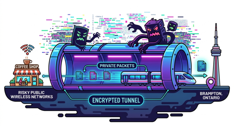 A colorful, stylized cross-section diagram illustrating how a VPN protects data. On the left, a coffee shop icon labeled "RISKY PUBLIC WIRELESS NETWORKS" shows data entering a large, glowing purple and blue cylinder labeled "ENCRYPTED TUNNEL." Inside the tunnel, a sleek train and data document icons move securely, labeled "PRIVATE PACKETS." On top of the tunnel, dark, blocky monster-like figures representing hackers and trackers attempt to break in amidst colorful digital static and code snippets; their efforts are marked with arrows labeled "HACKER ATTEMPTS BLOCK" and "DEFLECTED." On the right, the train emerges safely from the tunnel, arriving at a location icon marked with a CN Tower-style structure and labeled "BRAMPTON, ONTARIO."