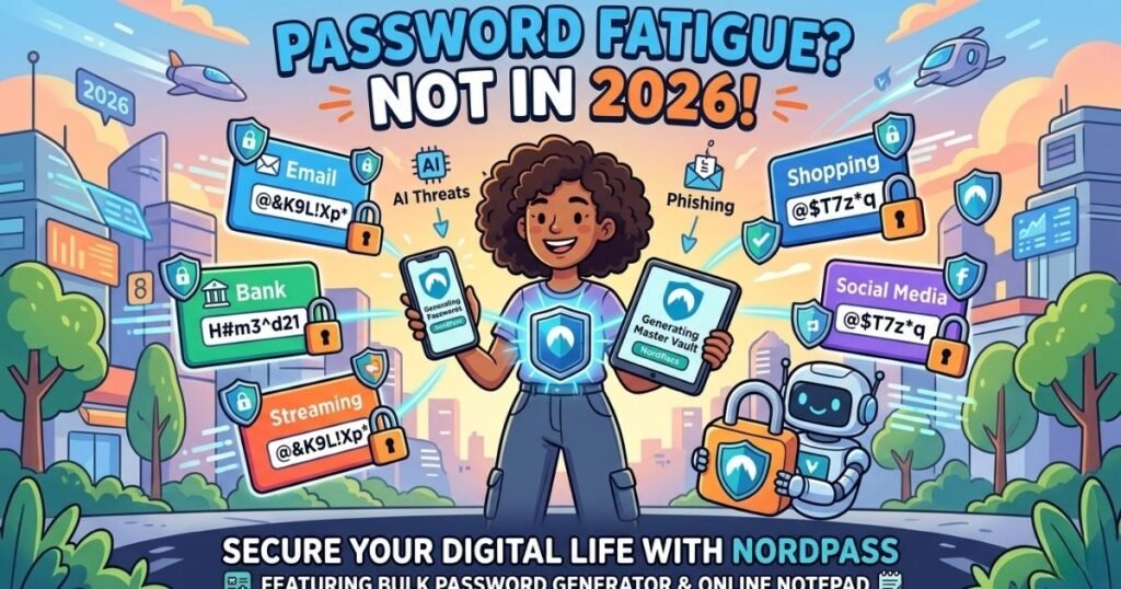 Cartoon woman securing accounts with NordPass shields against AI threats in a futuristic city.