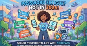 Cartoon woman securing accounts with NordPass shields against AI threats in a futuristic city.