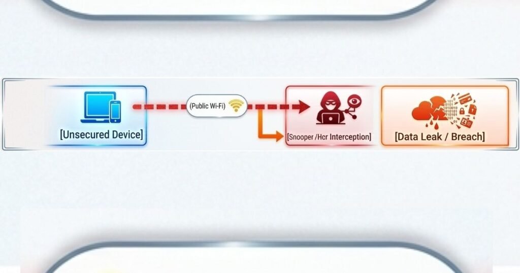Diagram showing the cybersecurity risks of using an unsecured device on public Wi-Fi, where data traffic is intercepted by a hacker, leading to a critical corporate data breach. 
