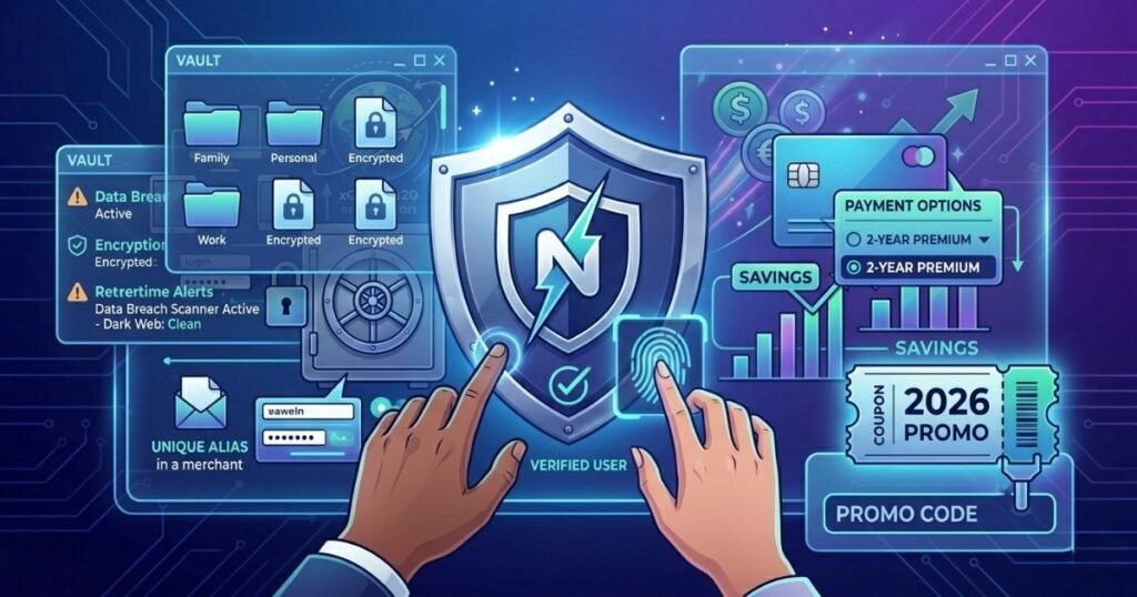 A futuristic, blue and purple digital infographic showing a user's hands interacting with floating holographic windows centered around a NordPass shield logo. On the left, 'VAULT' folders and a data breach scanner are displayed. On the right, a credit card, 'SAVINGS' graphs, and a prominent 'COUPON 2026 PROMO' ticket are shown with a 'PROMO CODE' input field. 