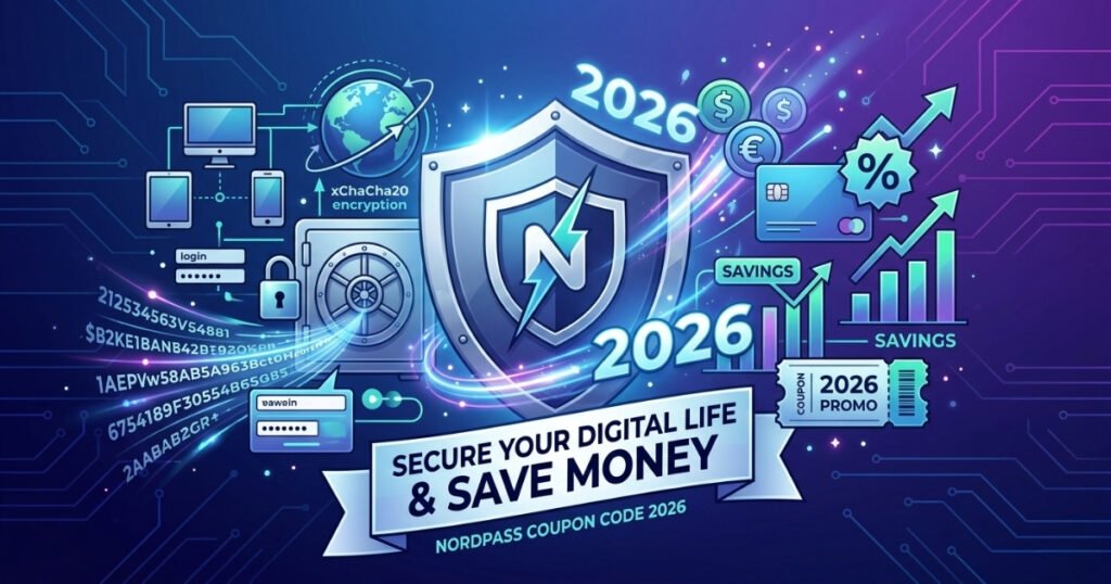 Vibrant, tech-themed vector illustration featuring a metallic security shield with a stylized "N" and lightning bolt logo at the center, representing NordPass. The shield is surrounded by cybersecurity elements like a bank vault door, encrypted data streams referencing xChaCha20 encryption, and connected devices. The right side highlights financial savings with upward-trending charts, credit cards, currency symbols, and a coupon ticket labeled "2026 PROMO." A prominent banner at the bottom reads "SECURE YOUR DIGITAL LIFE & SAVE MONEY - NORDPASS COUPON CODE 2026."
