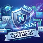 Vibrant, tech-themed vector illustration featuring a metallic security shield with a stylized "N" and lightning bolt logo at the center, representing NordPass. The shield is surrounded by cybersecurity elements like a bank vault door, encrypted data streams referencing xChaCha20 encryption, and connected devices. The right side highlights financial savings with upward-trending charts, credit cards, currency symbols, and a coupon ticket labeled "2026 PROMO." A prominent banner at the bottom reads "SECURE YOUR DIGITAL LIFE & SAVE MONEY - NORDPASS COUPON CODE 2026."