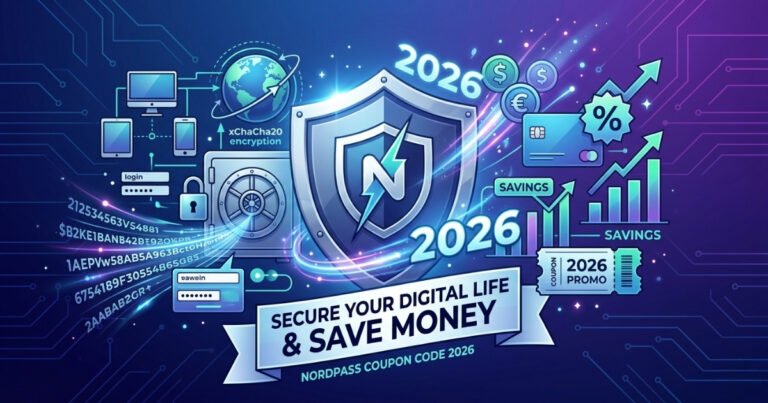 Vibrant, tech-themed vector illustration featuring a metallic security shield with a stylized "N" and lightning bolt logo at the center, representing NordPass. The shield is surrounded by cybersecurity elements like a bank vault door, encrypted data streams referencing xChaCha20 encryption, and connected devices. The right side highlights financial savings with upward-trending charts, credit cards, currency symbols, and a coupon ticket labeled "2026 PROMO." A prominent banner at the bottom reads "SECURE YOUR DIGITAL LIFE & SAVE MONEY - NORDPASS COUPON CODE 2026."