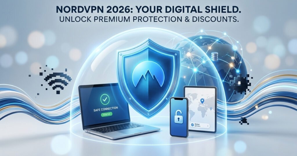 NordVPN 2026 discount deals and coupon codes concept showing a glowing blue security shield protecting multiple devices like laptop, smartphone, and tablet with global network connections.