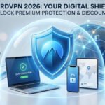 NordVPN 2026 discount deals and coupon codes concept showing a glowing blue security shield protecting multiple devices like laptop, smartphone, and tablet with global network connections.