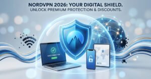 NordVPN 2026 discount deals and coupon codes concept showing a glowing blue security shield protecting multiple devices like laptop, smartphone, and tablet with global network connections.