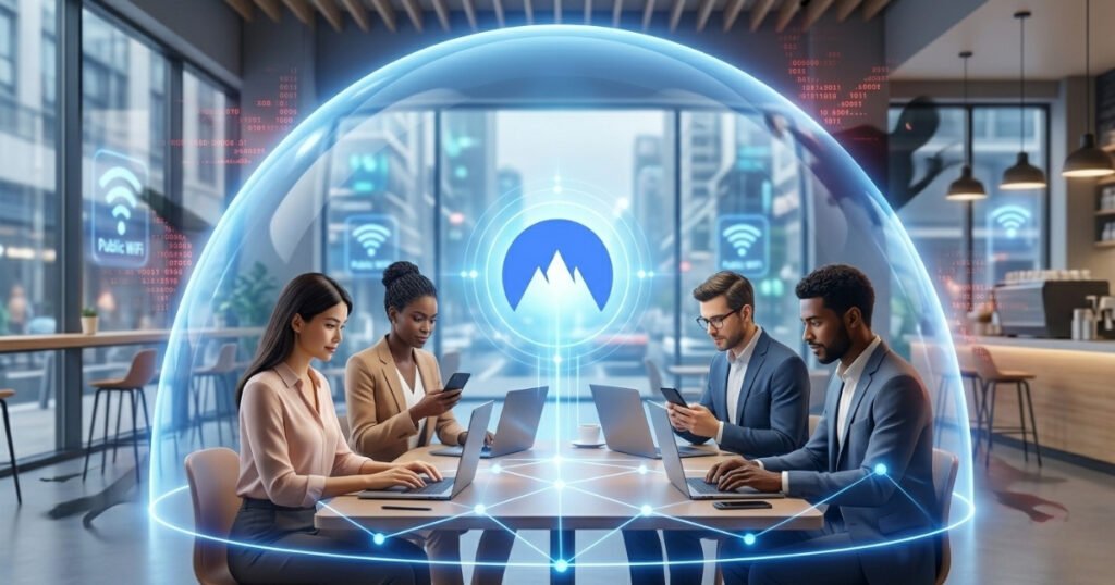 A secure glowing blue encryption bubble protecting laptop and phone users on public WiFi inside a coffee shop from cyber threats and data tracking.