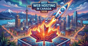 Best Web Hosting in Canada 2026 title with a rocket launching from a glowing Canadian maple leaf over a city skyline.